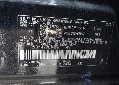 2021 Toyota Rav4 Le из США, поврежденный, VIN 2T3K1RFV8MC140037